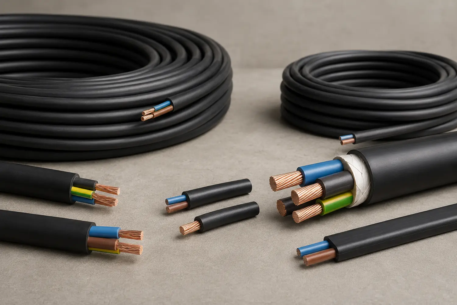 Fils et câbles électriques basse tension disposés sur un établi technique